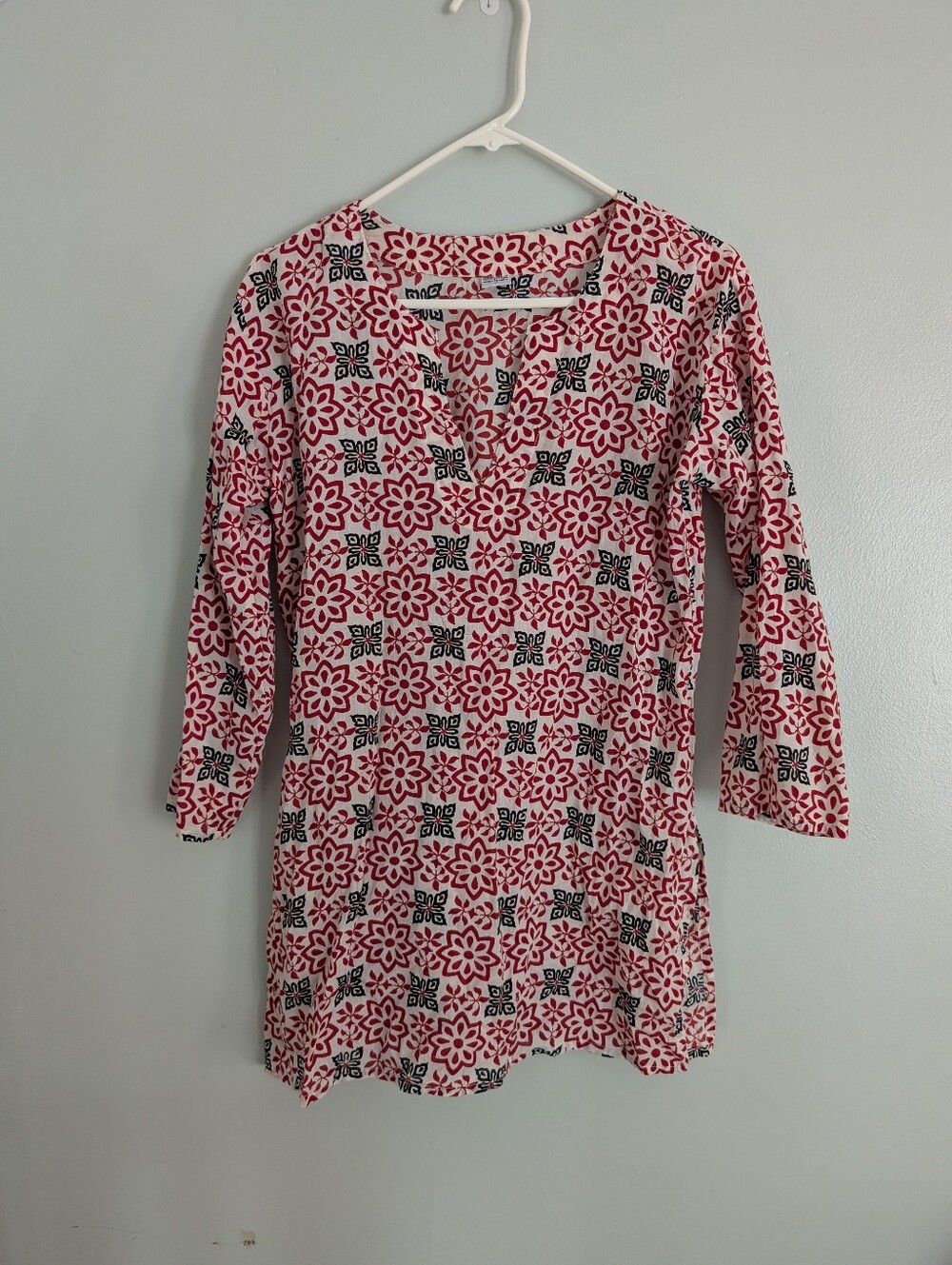 Women's Red and White Floral Geometric Print Tunic Top In Lightweight Cotton M - Picture 4 of 8